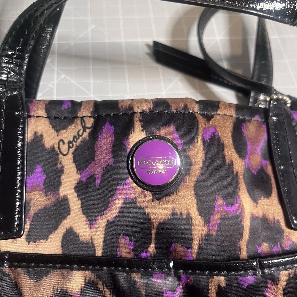 Coach Signature Ocelot Leopard Print Tote F25282 – Black/Purple/Brown Sateen - Picture 3 of 9